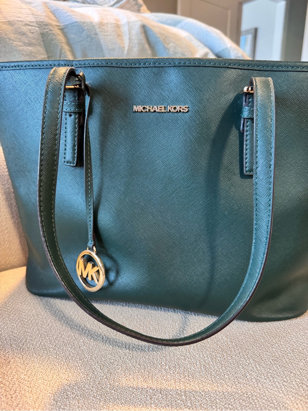 Michael Kors Emerald Green Saffiano Tote with Gold Logo Charm